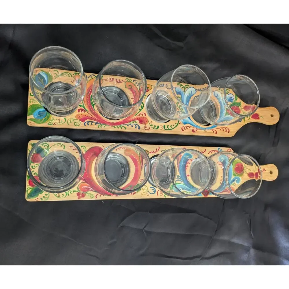 Hand Painted Wood Shot Glass Flight Boards Set of 2 Folk Art Rosemaling style